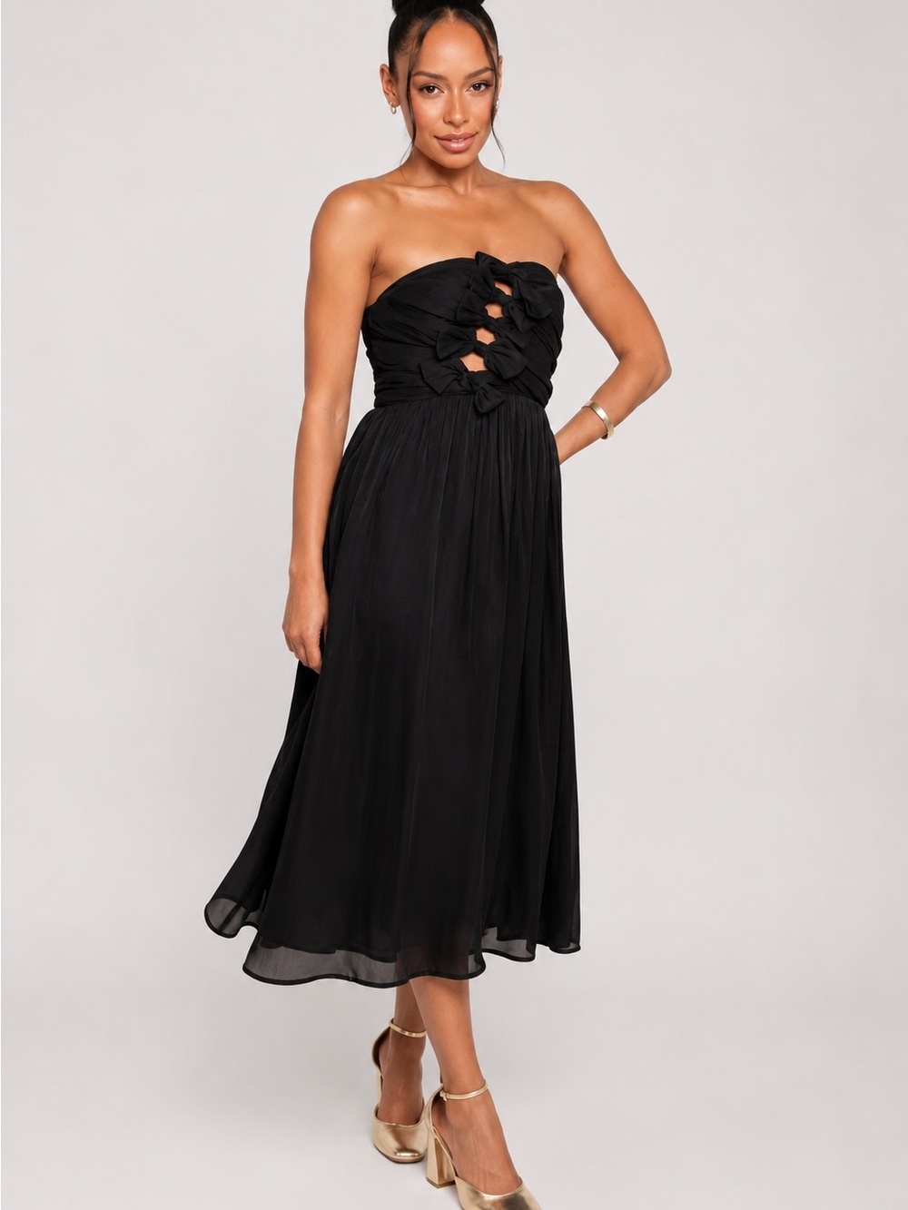 73. Petal & Pup • NWT $100++ Strapless Black Midi Dress W Bow Detail